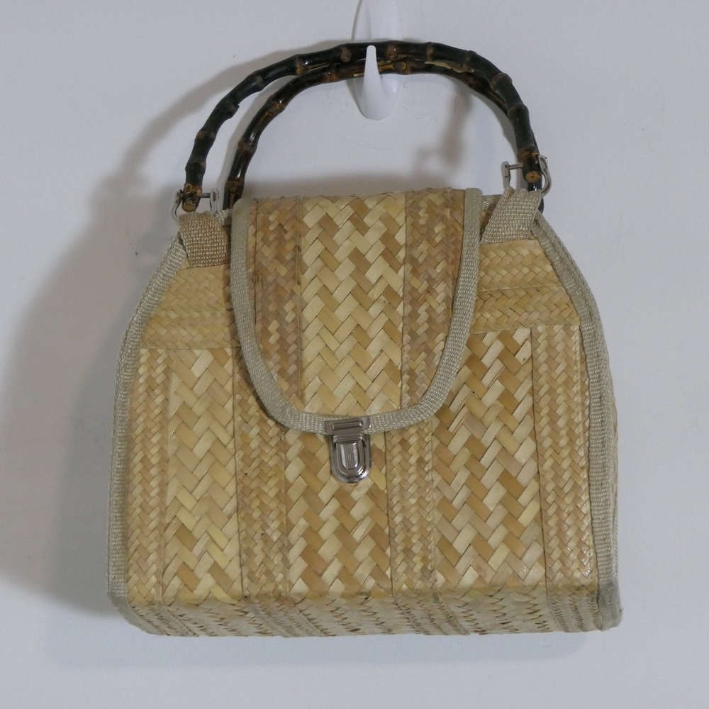 Women's Woven Straw Handbag S Tan Tropical Lined Boho Chevron Bamboo Handle